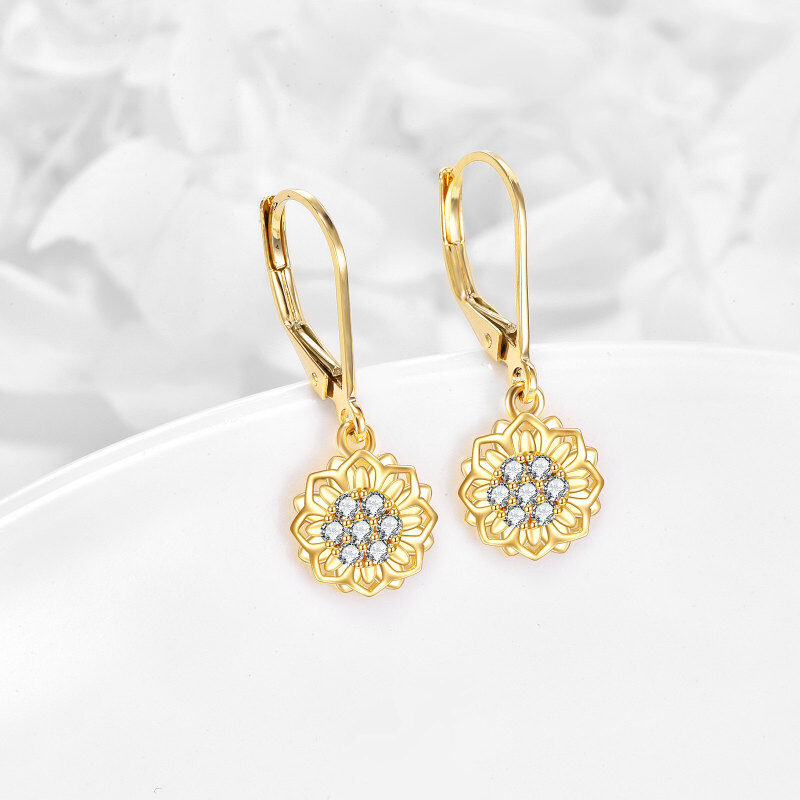 18K Gold Circular Shaped Cubic Zirconia Sunflower Lever-back Earrings-3