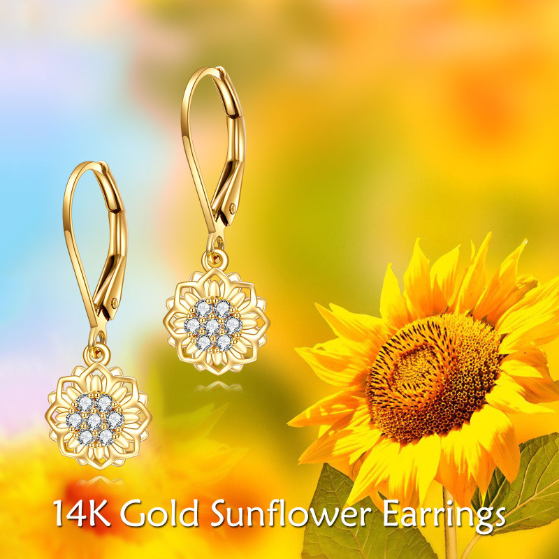 18K Gold Circular Shaped Cubic Zirconia Sunflower Lever-back Earrings-6