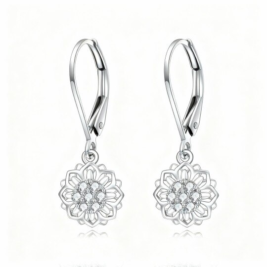 Boucles d'oreilles à fermoir à levier en or blanc 10 carats avec zircon cubique rond en forme de tournesol