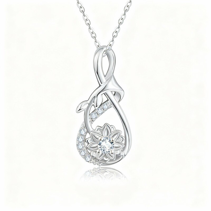Platinum with White Gold Plated Round Cut Cubic Zirconia Sunflower Pendant Necklace-1