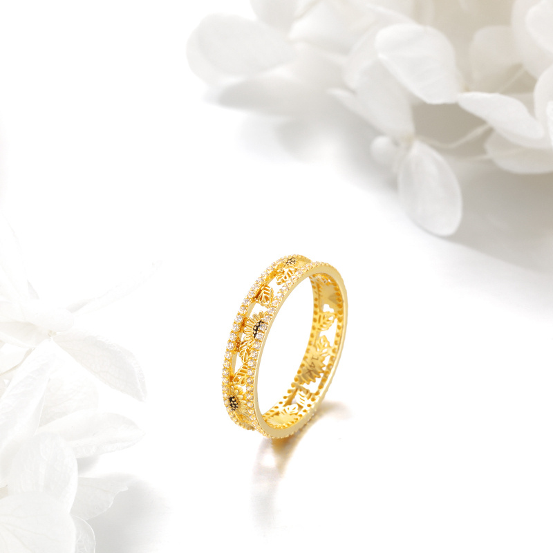 14K Yellow Gold Round Cubic Zirconia Sunflower Ring-3