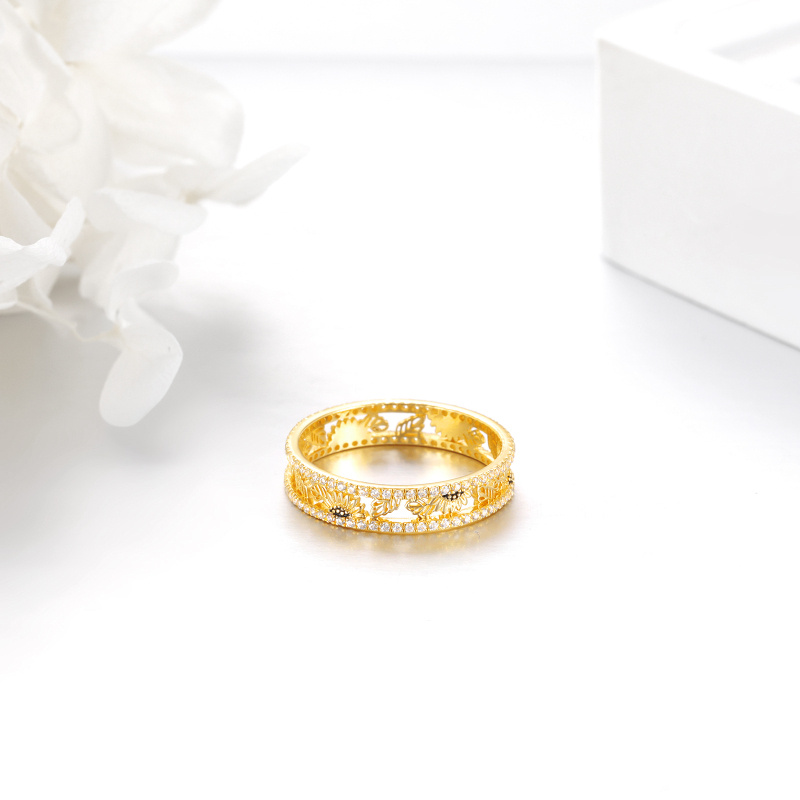 14K Yellow Gold Round Cubic Zirconia Sunflower Ring-4