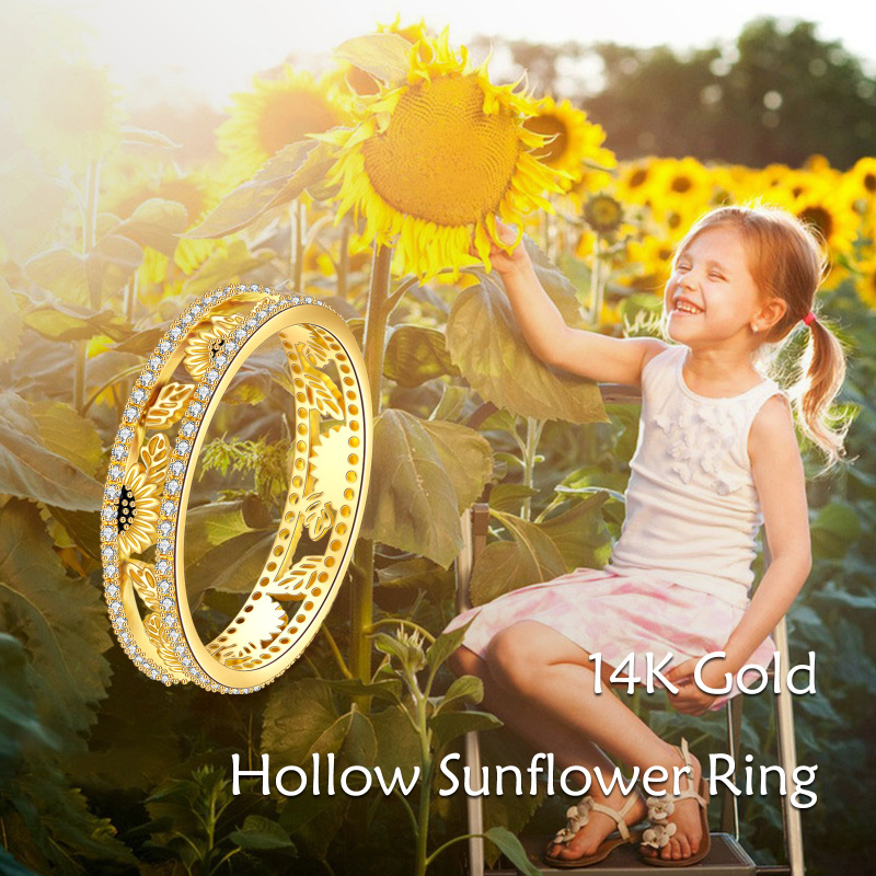14K Yellow Gold Round Cubic Zirconia Sunflower Ring-6