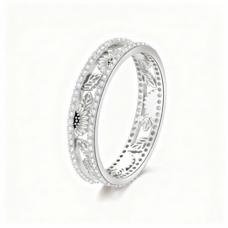 Anillo de girasol con circonita cúbica de talla redonda en oro blanco de 10 quilates-10