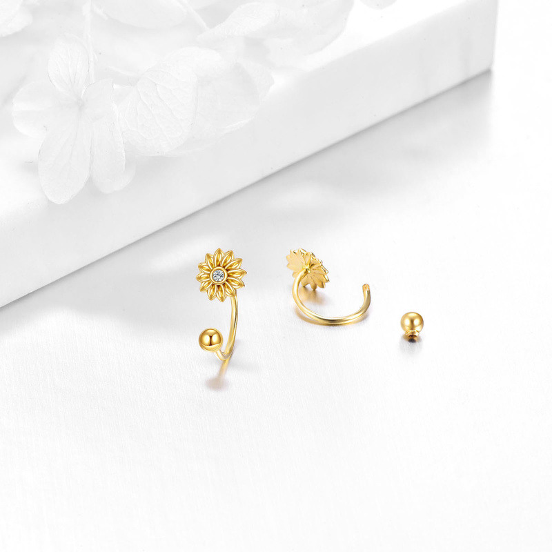 18K Gold Circular Shaped Cubic Zirconia Sunflower Stud Earrings-3