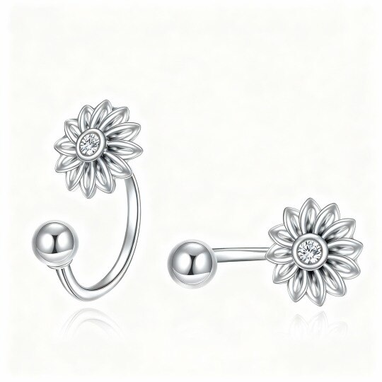 Boucles d'oreilles puces en or blanc 10 carats avec zircon cubique rond en forme de tournesol