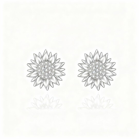 10K White Gold Round Cut Cubic Zirconia Sunflower Stud Earrings