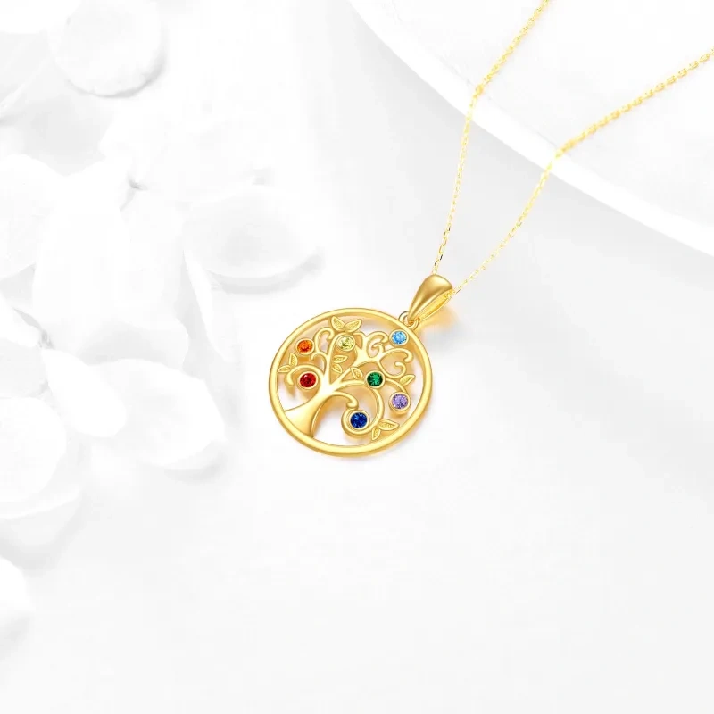 Collar con colgante circular de oro de 10 quilates con circonitas cúbicas, árbol de la vida y chakras-3