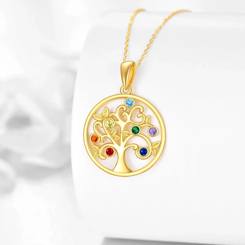 Collar con colgante circular de oro de 10 quilates con circonitas cúbicas, árbol de la vida y chakras-4
