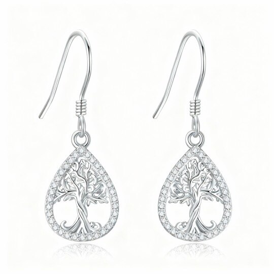 10K White Gold Round Cut Cubic Zirconia Tree Of Life Drop Earrings