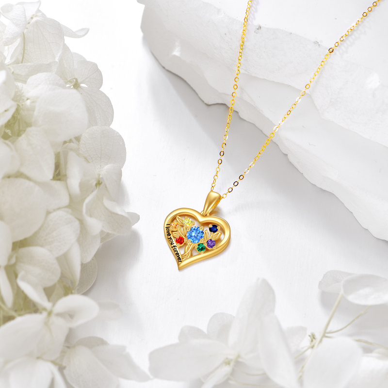 Collar con colgante de árbol de la vida y corazón en oro de 14 quilates con circonitas cúbicas redondas de colores-3