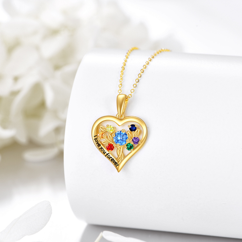 Collar con colgante de árbol de la vida y corazón en oro de 14 quilates con circonitas cúbicas redondas de colores-4