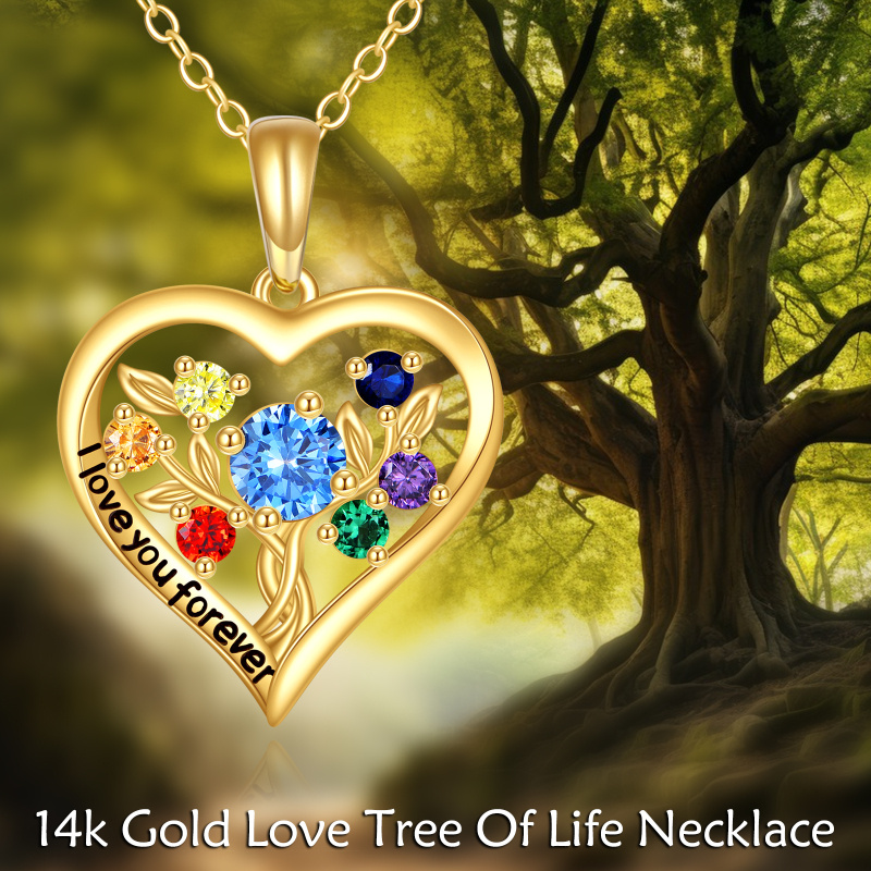 Collar con colgante de árbol de la vida y corazón en oro de 14 quilates con circonitas cúbicas redondas de colores-6