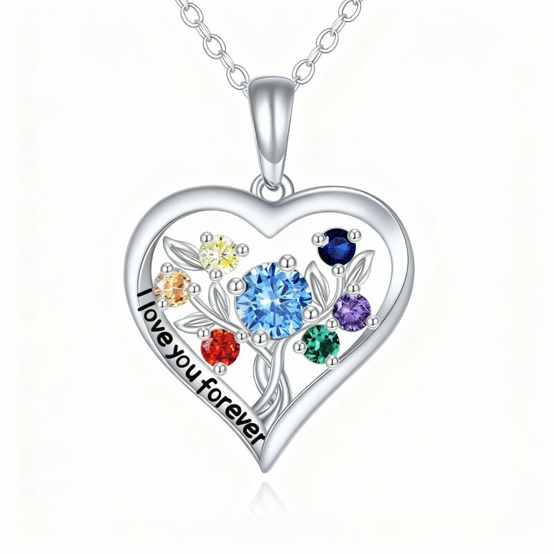 Collar con colgante de árbol de la vida y corazón en oro blanco de 10 quilates con circonitas cúbicas de talla redonda-1