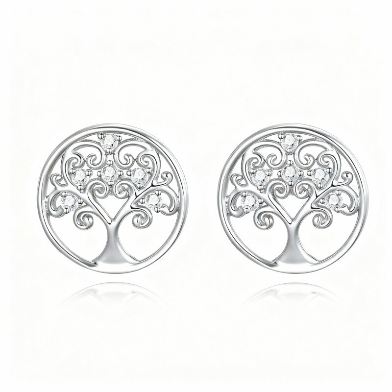 Platinum with White Gold Plated Round Cut Cubic Zirconia Tree Of Life Stud Earrings-1