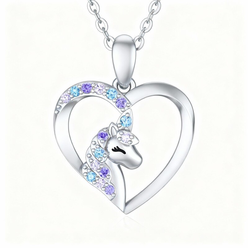 10K White Gold Round Cut Cubic Zirconia Unicorn Pendant Necklace-1