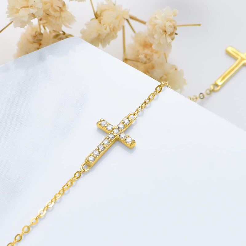 14-karätiges Gold-Fußkettchen mit kreisförmigem Diamantkreuz (einlagig)-3