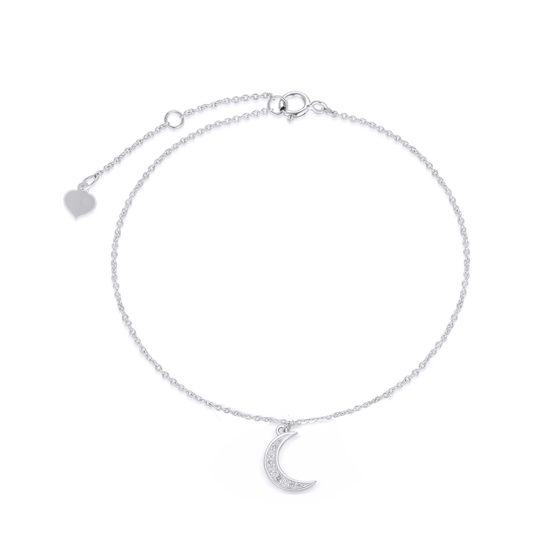 Bracelet de cheville simple couche en platine plaqué or blanc avec pendentif lune et diamant rond taille lune-1