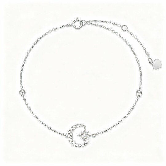 Bracelet de cheville simple rang en or blanc 10 carats avec pendentif lune et étoile en diamant taille ronde