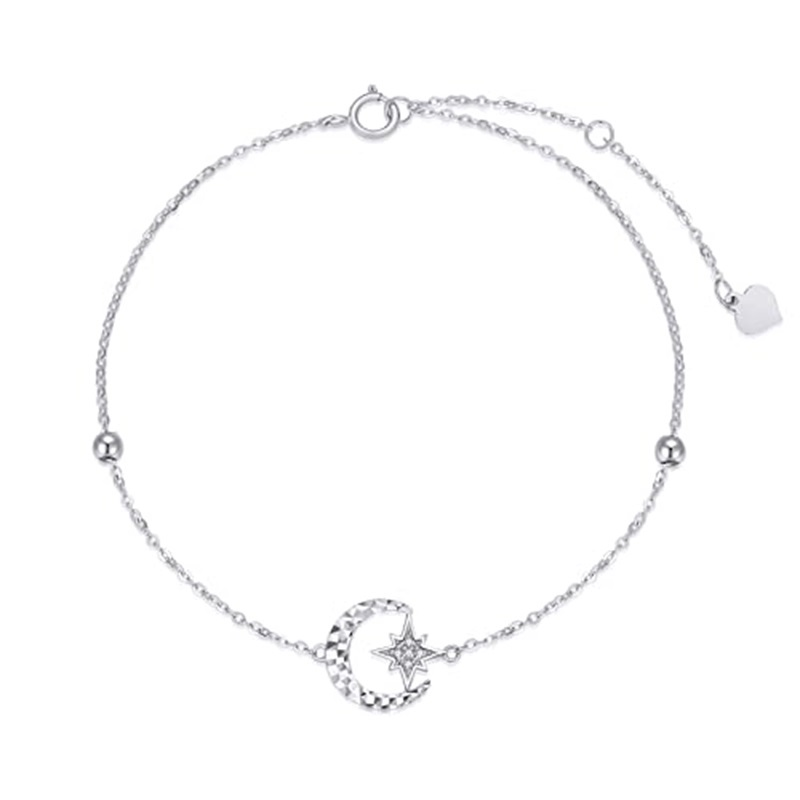 Bracelet de cheville simple rang en platine plaqué or blanc avec diamants ronds taille lune et étoile-1