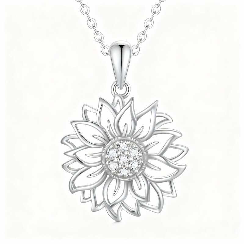 9K White Gold Round Cut Diamond Sunflower Pendant Necklace-20