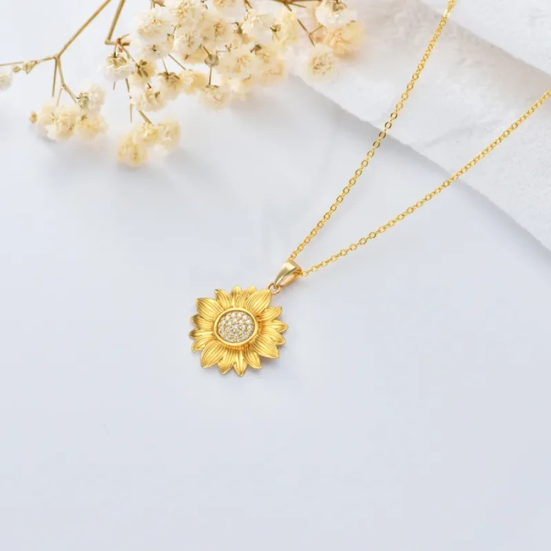 18K Rose Gold Round Cut Diamond Sunflower Pendant Necklace-3
