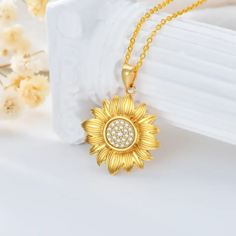 18K Rose Gold Round Cut Diamond Sunflower Pendant Necklace-4