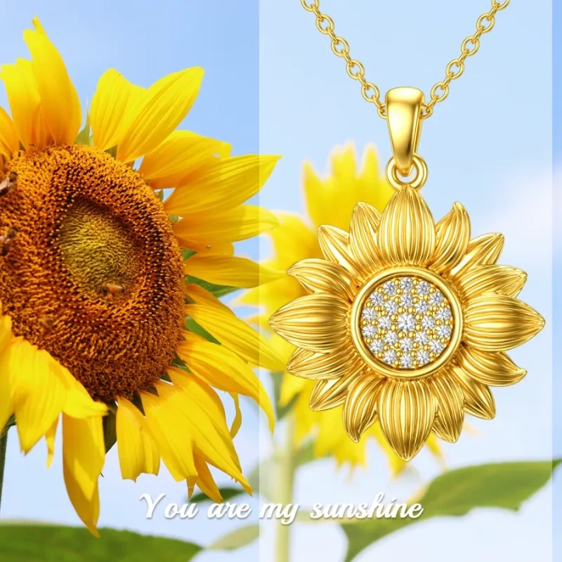 18K Rose Gold Round Cut Diamond Sunflower Pendant Necklace-5