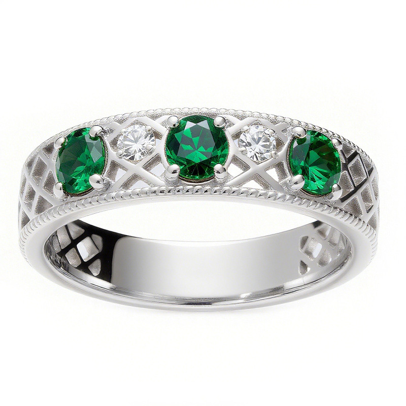 Alliance en or rose 14 carats avec émeraude taille ronde et moissanite-2