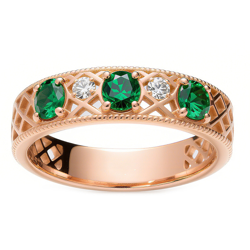 Alliance en or rose 14 carats avec émeraude taille ronde et moissanite-3