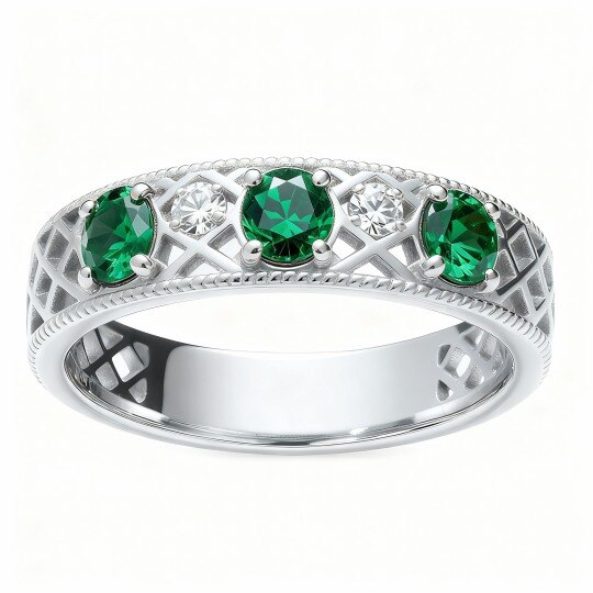 10K White Gold Round Cut Emerald & Moissanite Wedding Ring