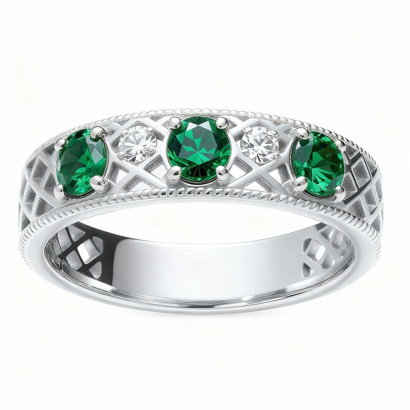 10K White Gold Round Cut Emerald & Moissanite Wedding Ring-11