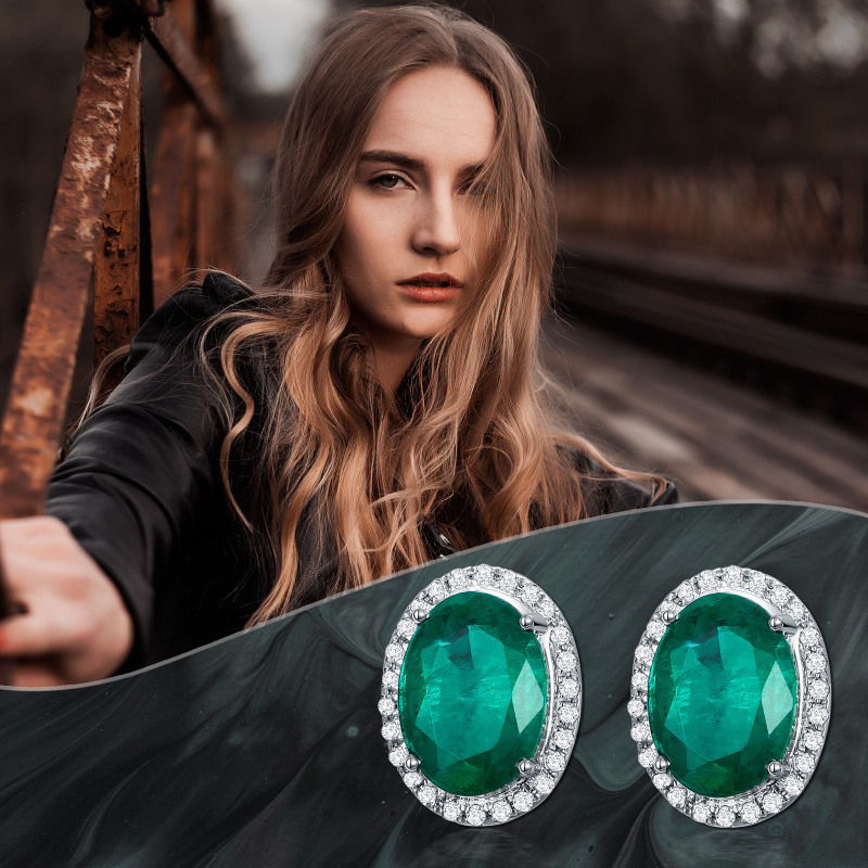 14K White Gold Circular Shaped Emerald Round Stud Earrings-3