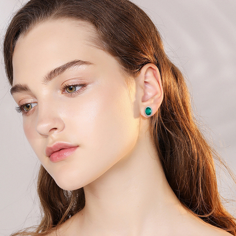 14K White Gold Circular Shaped Emerald Round Stud Earrings-4