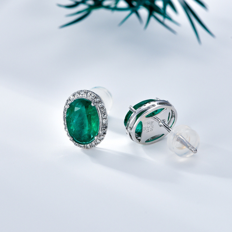 14K White Gold Circular Shaped Emerald Round Stud Earrings-5