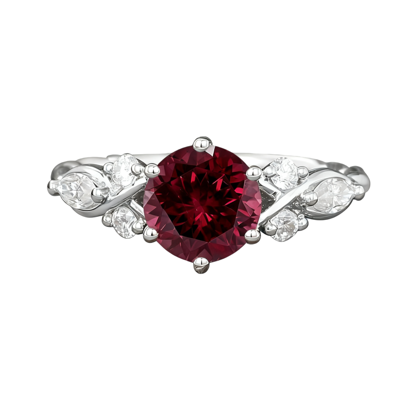 Anillo de compromiso de oro blanco de 10 quilates con granate de talla redonda y moissanita.-1