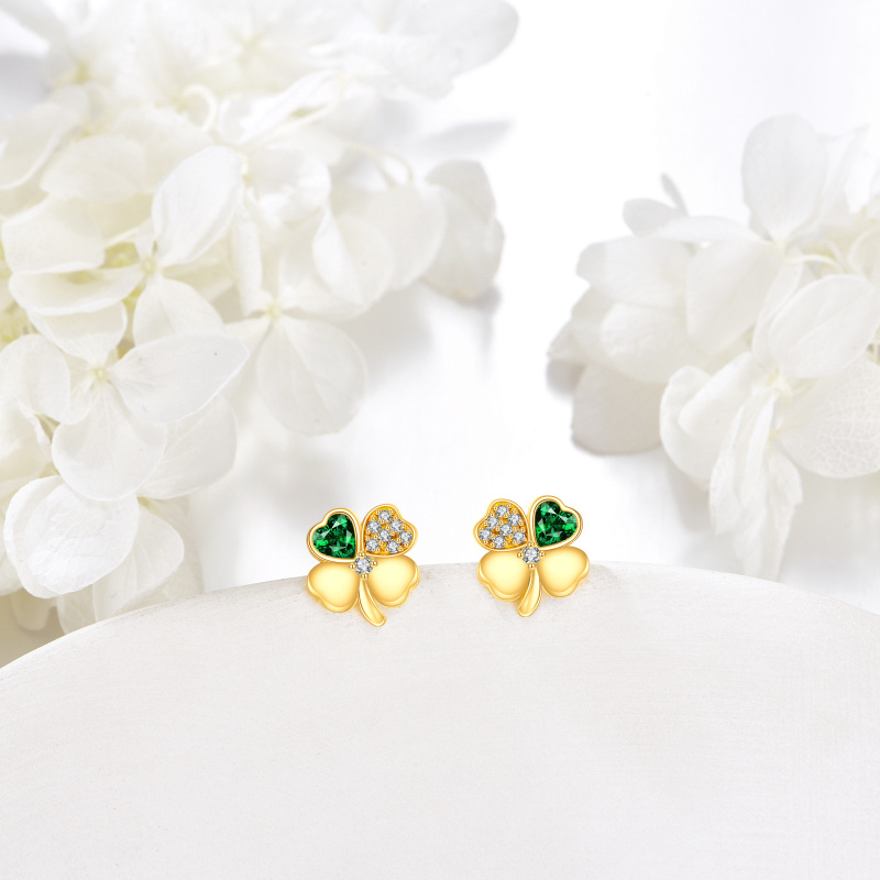10K Gold Heart Cubic Zirconia Four Leaf Clover Stud Earrings For Women-3