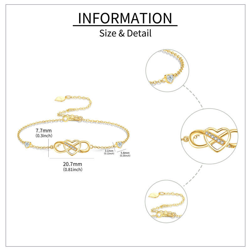 Pulsera de plata de ley con baño de oro amarillo, circonitas cúbicas de talla redonda y talla corazón con dije de corazón y símbolo de infinito.-5
