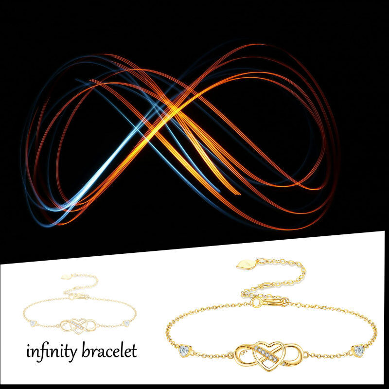 Pulsera de plata de ley con baño de oro amarillo, circonitas cúbicas de talla redonda y talla corazón con dije de corazón y símbolo de infinito.-6