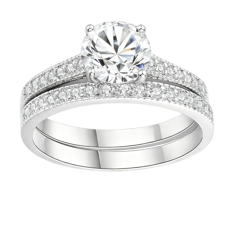 Conjunto nupcial personalizado de platino con baño de oro blanco y diamante redondo cultivado en laboratorio.-1