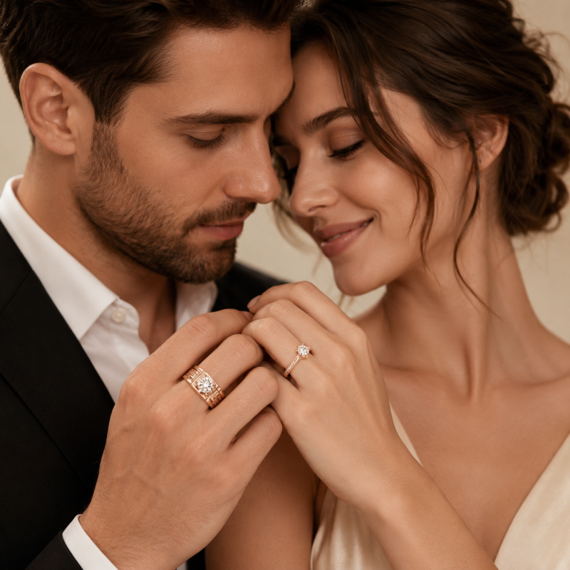Bagues de couple personnalisées en or blanc 18 carats avec diamant rond de laboratoire-2