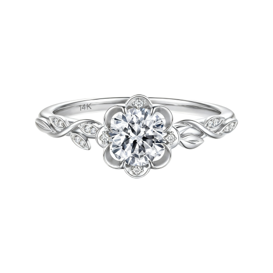 Anillo de compromiso personalizado de oro blanco de 10 quilates con diamante sintético redondo de talla redonda, color D, claridad VVS1, certificado por IGI 3EX.