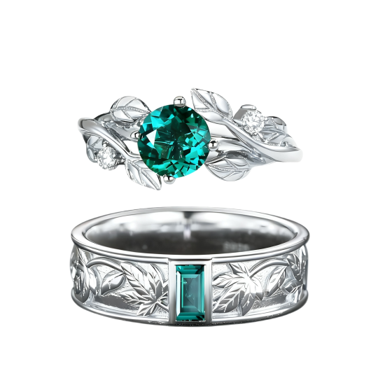 10K White Gold Round Cut Lab-Grown Emerald Couple Rings