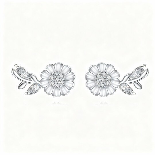 Boucles d'oreilles puces en or blanc 10 carats avec zircon cubique taille ronde et marquise, forme tournesol