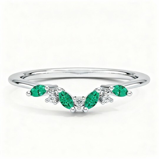 10K White Gold Round Cut & Marquise Cut Emerald & Lab Created Diamond Custom Personalized Engraving Engagement Ring F/G Color SI Clarity 3EX
