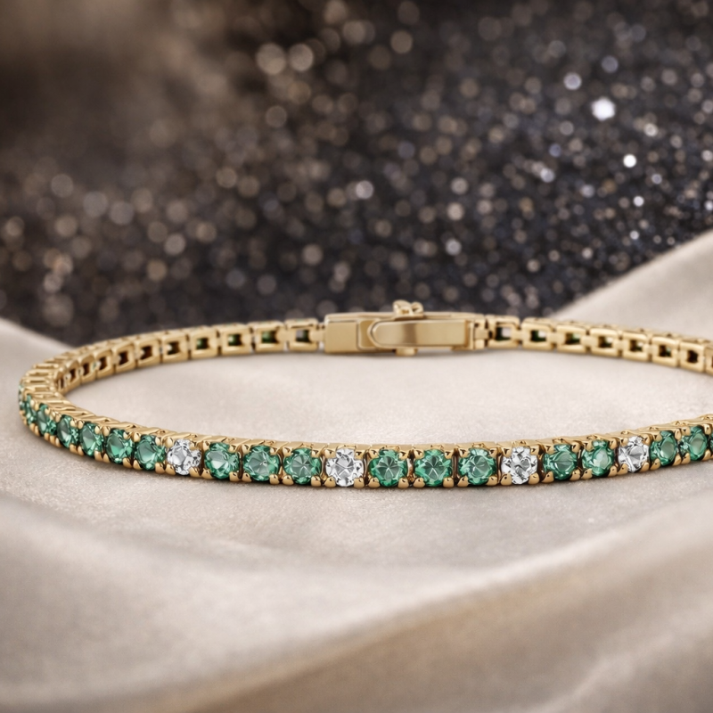 Pulsera de tenis de plata de ley con baño de oro amarillo, moissanita de talla redonda y esmeralda artificial.-2