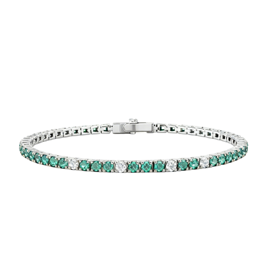 Pulsera de tenis de oro blanco de 18 quilates con moissanita de talla redonda y esmeralda artificial.