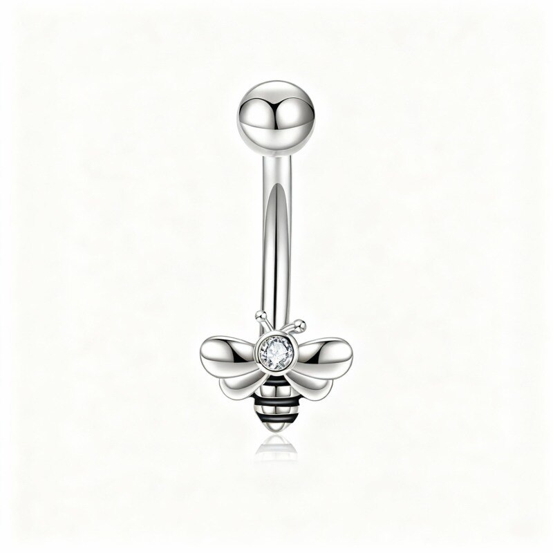 10K White Gold Round Cut Moissanite Bee Belly Button Ring-4