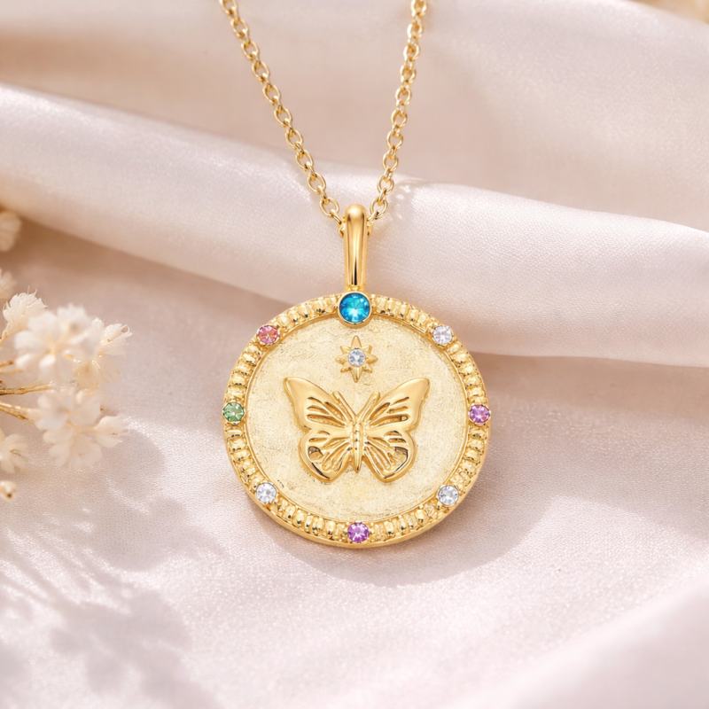 10K White Gold Round Cut Moissanite & Birthstone Butterfly Coin Necklace-3