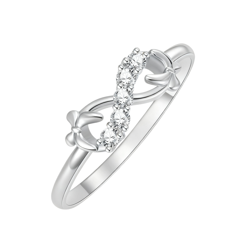 Anillo de oro blanco de 10 quilates con moissanita redonda en forma de lazo y símbolo del infinito.-3